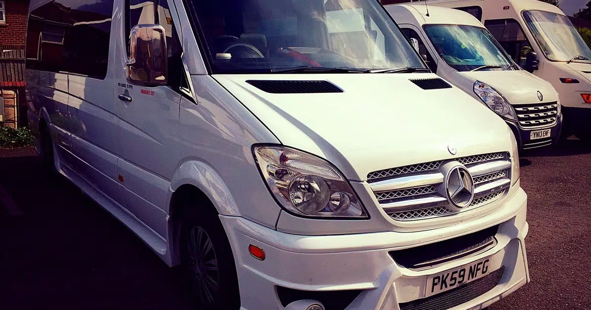 A 16 seater Mercedes Sprinter minibus parked in Sheffield