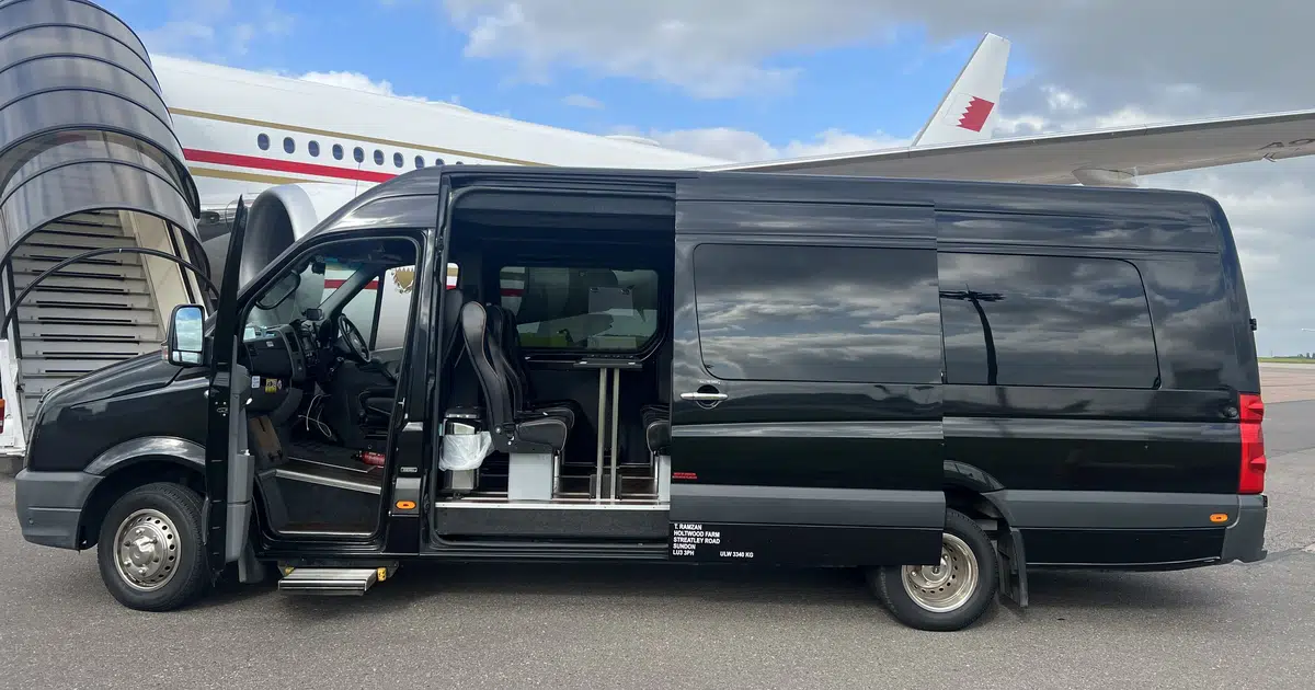 A 16 seater Mercedes Sprinter minibus at the airport in Bedford