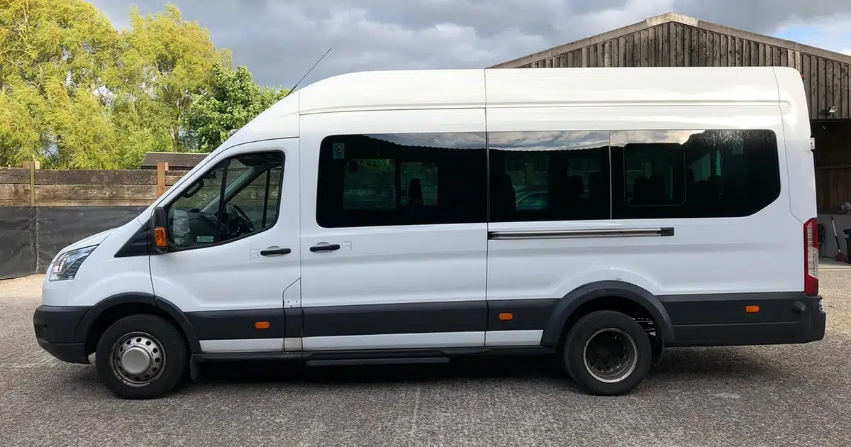 A 16 seater Ford Transit Sprinter minibus parked in Chesterfield