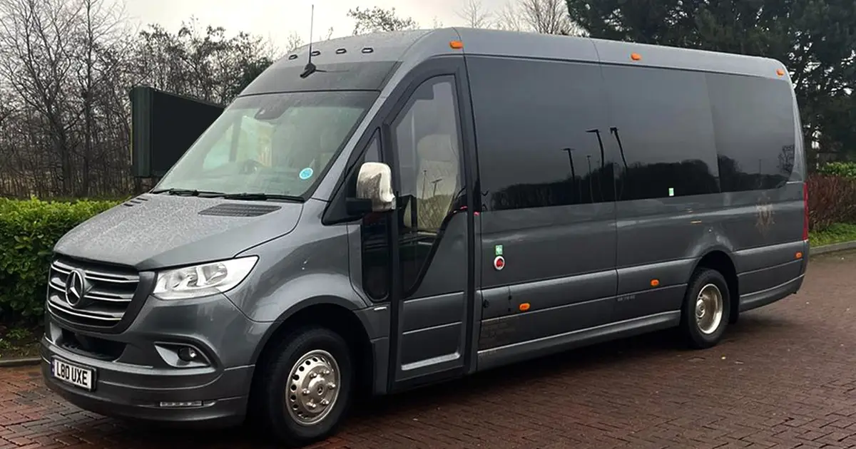 A 16 seater minibus Mercedes Sprinter parked in Morpeth