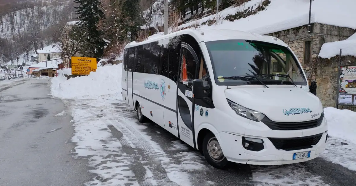 An 18 seater midibus Sprinter parked in the snow in Turin