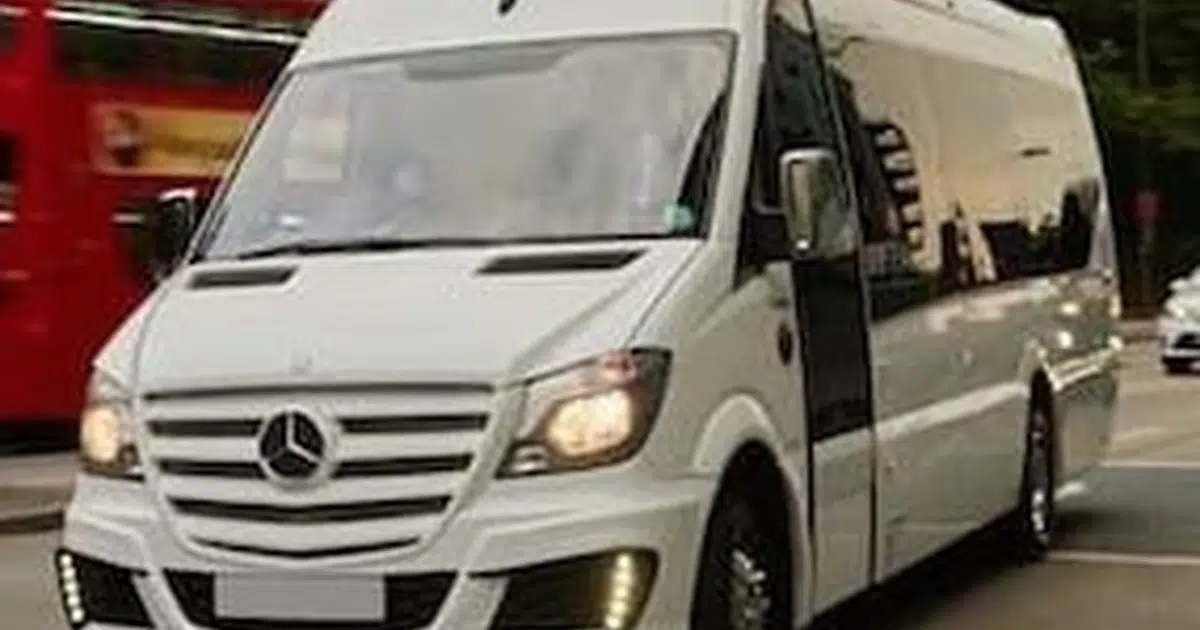 A 16 seater Mercedes Sprinter minibus at a street in Stockton on Tees