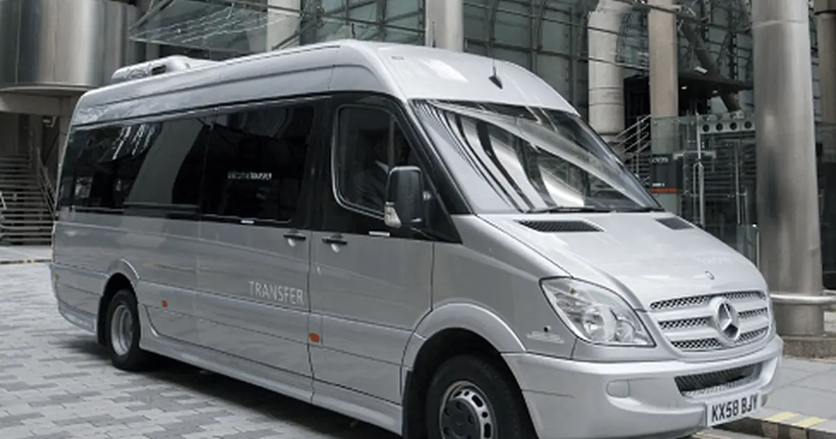 A 16 seater Mercedes Sprinter minibus parked in Peterborough