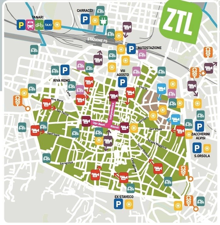 Mapa de las zonas ZTL de la ciudad de Bolonia