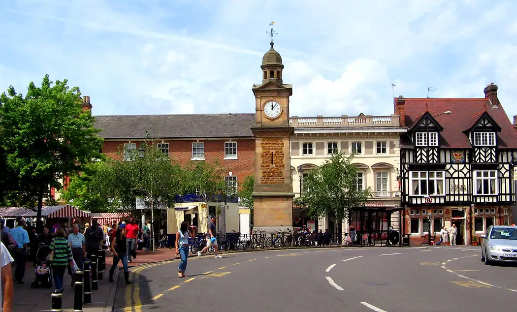 The town centre of Rugby. The clock tower in the centre dates from 1887