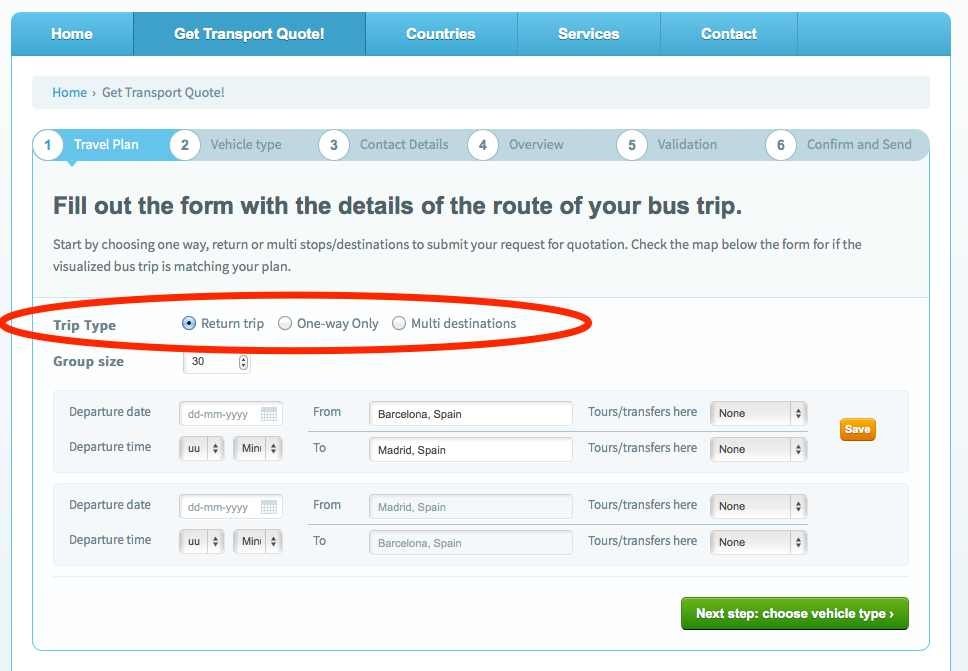 How to select the trip type