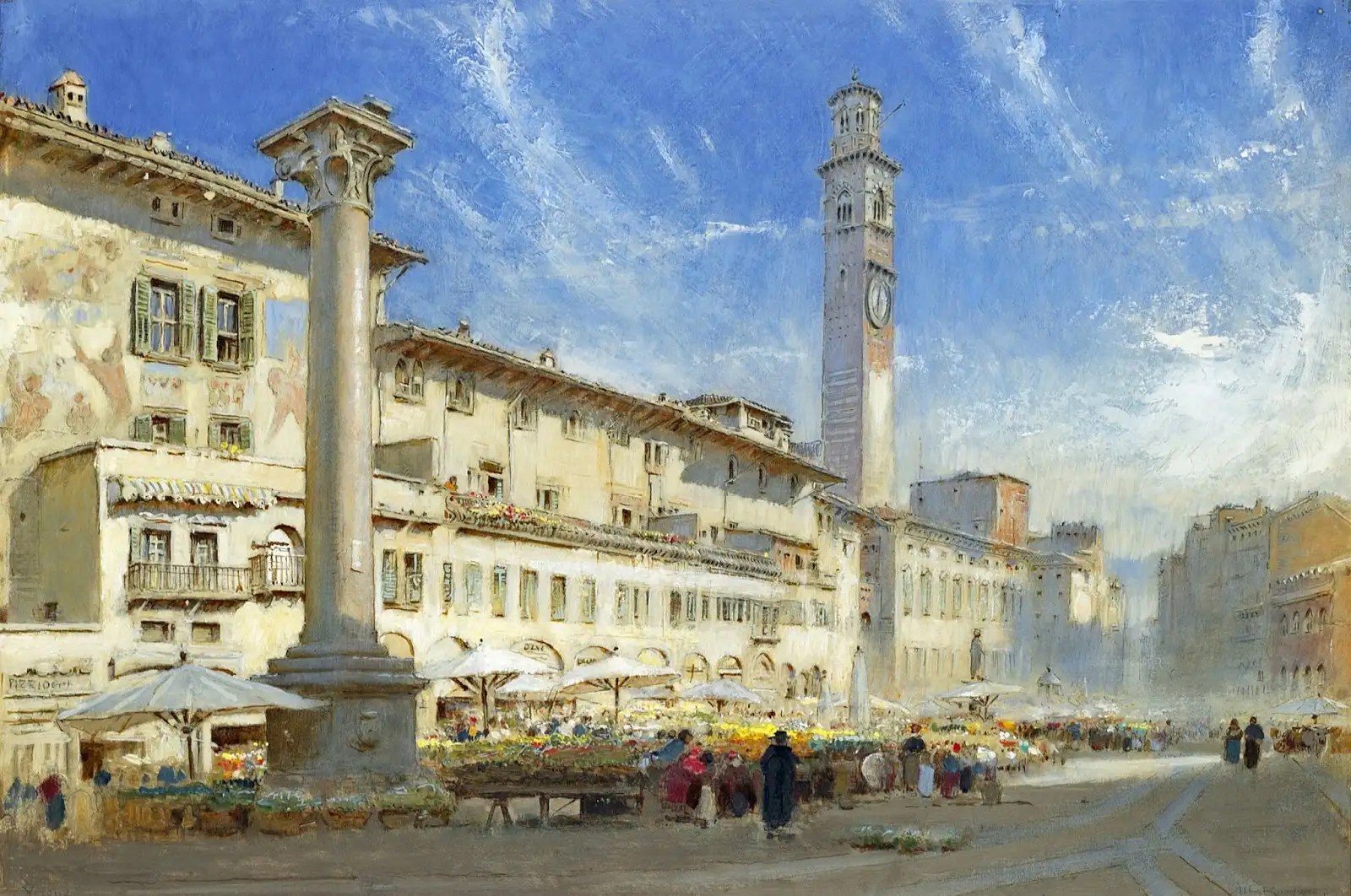 Albert Goodwin - The flower market in the Piazza delle Erbe, Verona, Italy