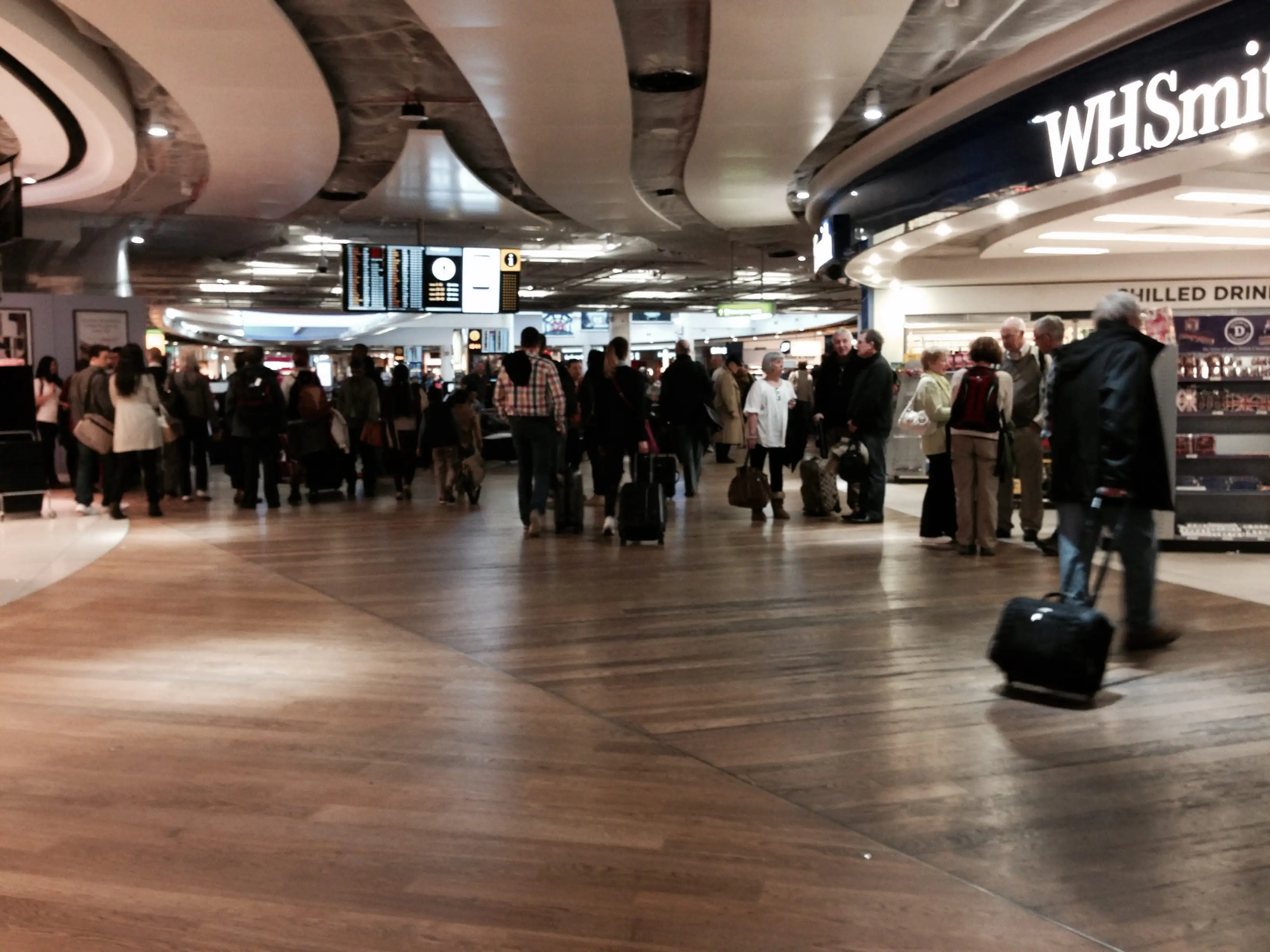 Duty free shops and a waiting area of London Heathrow Airport Terminal 3